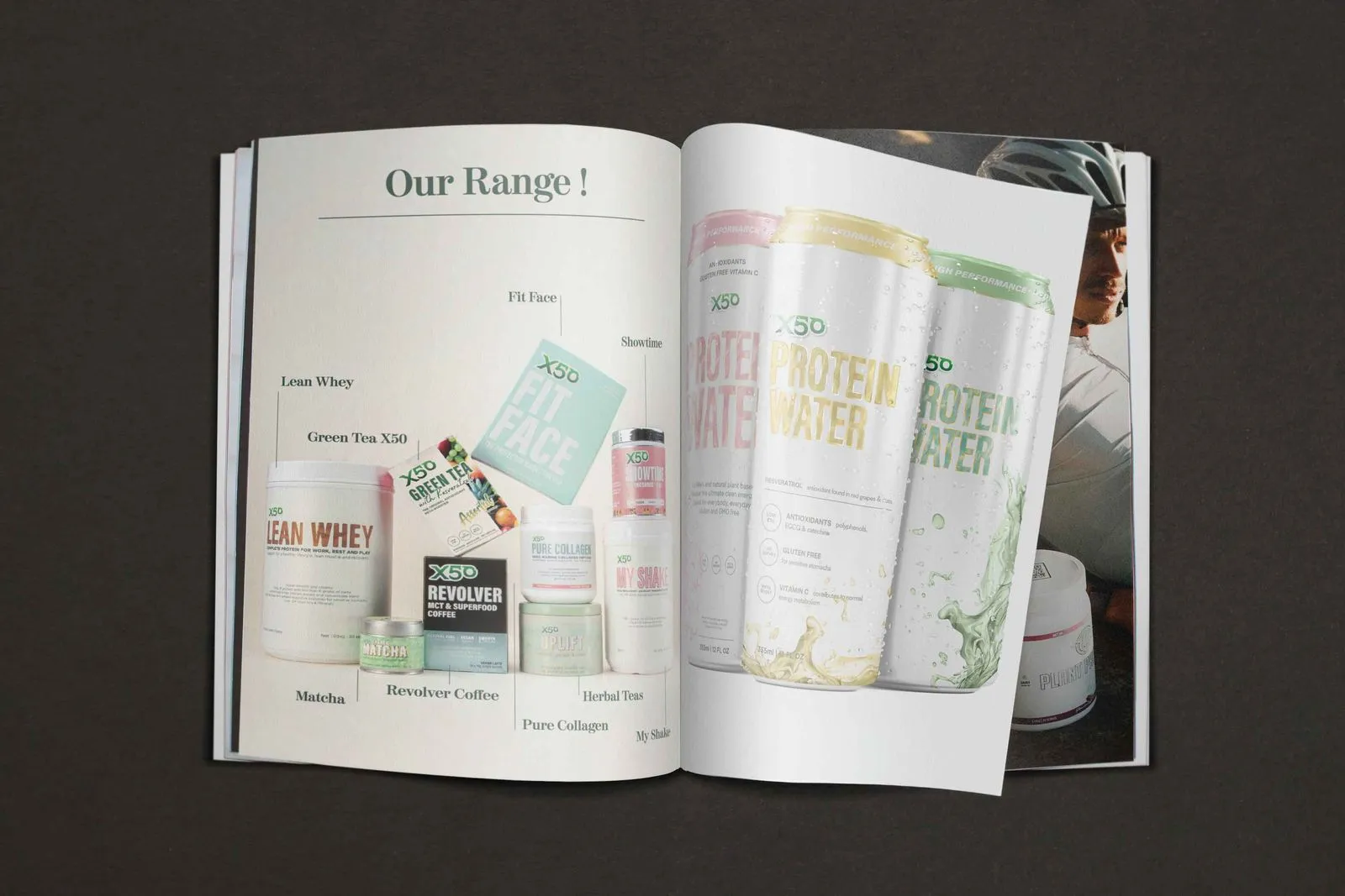 image of a magazine inner pages with ads of packaging design products and three cans of protein water