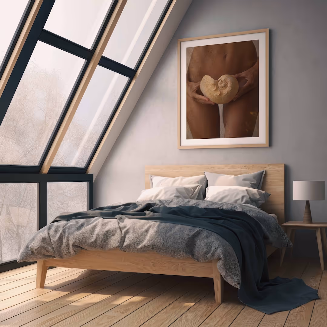 Photo of a bedroom with a frame hanging on the main wall of an artistic photography