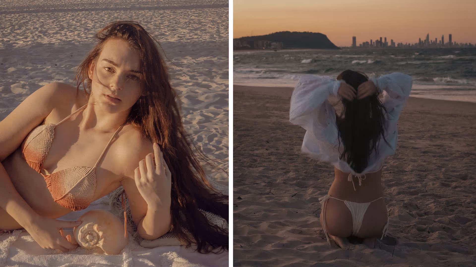 frame divided in two photos of a girl modelling on the beach